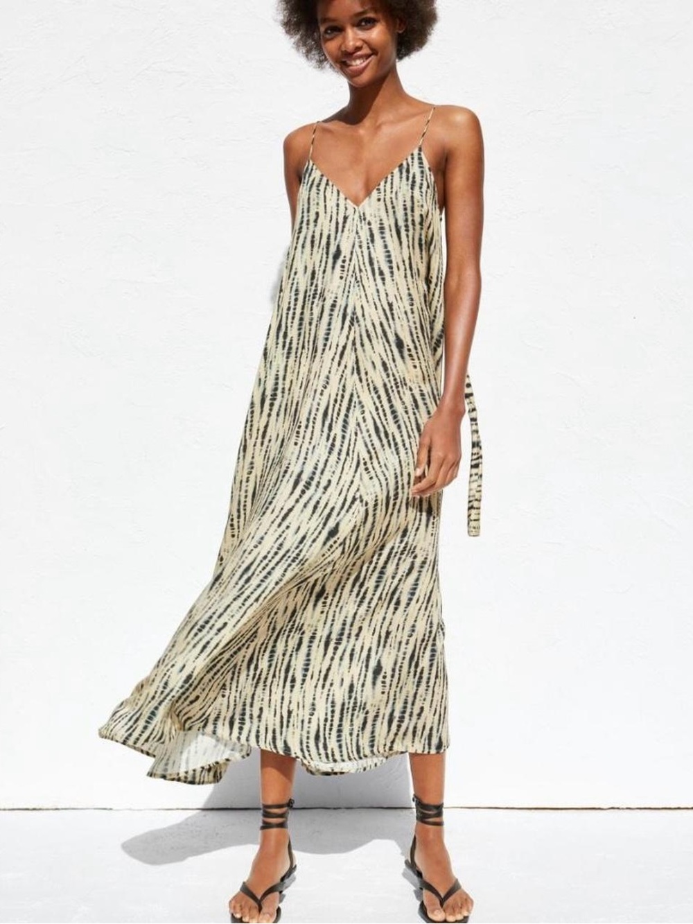 Zara Printed Tie‑Back Midi Dress – Beige/Navy, Size XS‑S